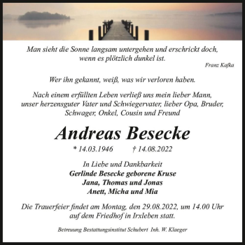 Traueranzeige von Andreas Besecke  von Magdeburger Volksstimme