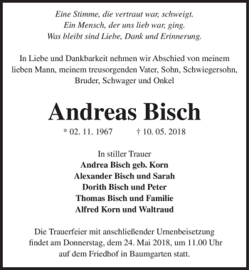 Traueranzeige von Andreas Bisch  von Magdeburger Volksstimme