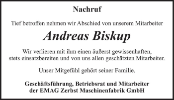 Traueranzeige von Andreas Biskup  von Magdeburger Volksstimme