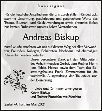 Traueranzeige von Andreas Biskup  von Magdeburger Volksstimme