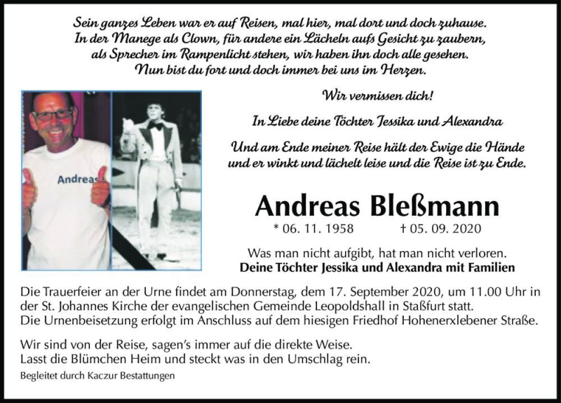  Traueranzeige für Andreas Bleßmann  vom 12.09.2020 aus Magdeburger Volksstimme