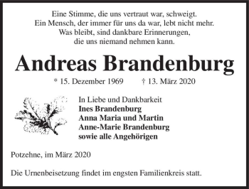Traueranzeige von Andreas Brandenburg  von Magdeburger Volksstimme