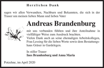 Traueranzeige von Andreas Brandenburg  von Magdeburger Volksstimme