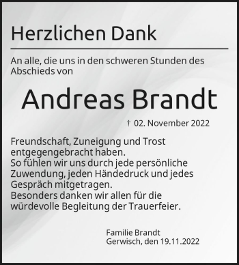 Traueranzeige von Andreas Brandt  von Magdeburger Volksstimme
