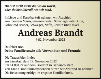 Traueranzeige von Andreas Brandt  von Magdeburger Volksstimme