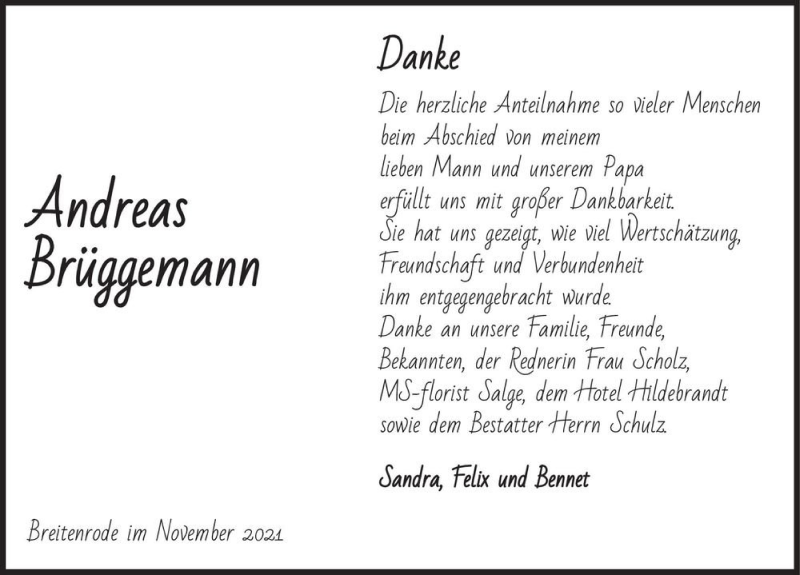  Traueranzeige für Andreas Brüggemann  vom 20.11.2021 aus Magdeburger Volksstimme