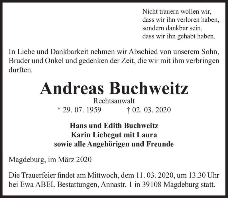  Traueranzeige für Andreas Buchweitz  vom 07.03.2020 aus Magdeburger Volksstimme