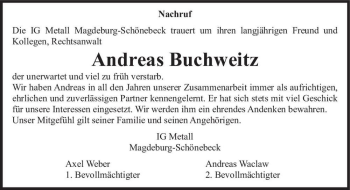 Traueranzeige von Andreas Buchweitz  von Magdeburger Volksstimme