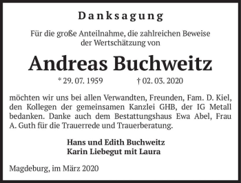 Traueranzeige von Andreas Buchweitz  von Magdeburger Volksstimme