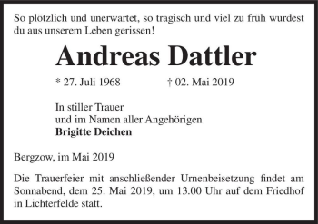 Traueranzeige von Andreas Dattler  von Magdeburger Volksstimme