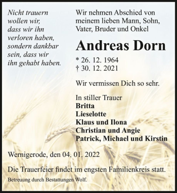 Traueranzeige von Andreas Dorn  von Magdeburger Volksstimme