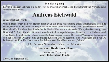 Traueranzeige von Andreas Eichwald  von Magdeburger Volksstimme