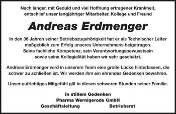 Traueranzeige von Andreas Erdmenger  von Magdeburger Volksstimme