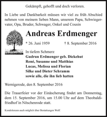 Traueranzeige von Andreas Erdmenger  von Magdeburger Volksstimme