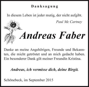 Traueranzeige von Andreas Faber  von Magdeburger Volksstimme