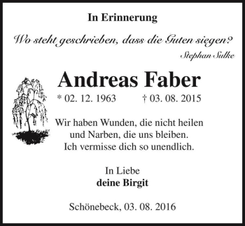 Traueranzeige von Andreas Faber  von Magdeburger Volksstimme