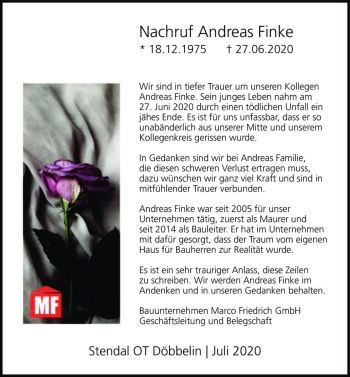 Traueranzeige von Andreas Finke  von Magdeburger Volksstimme