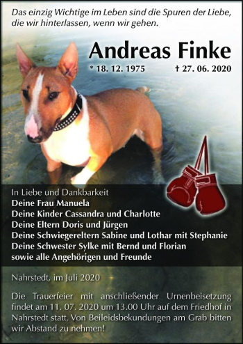 Traueranzeige von Andreas Finke  von Magdeburger Volksstimme