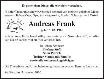 Traueranzeige von Andreas Frank  von Magdeburger Volksstimme