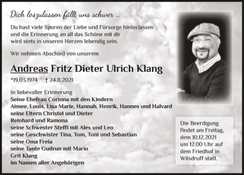 Traueranzeige von Andreas Fritz Dieter Ulrich Klang  von Magdeburger Volksstimme