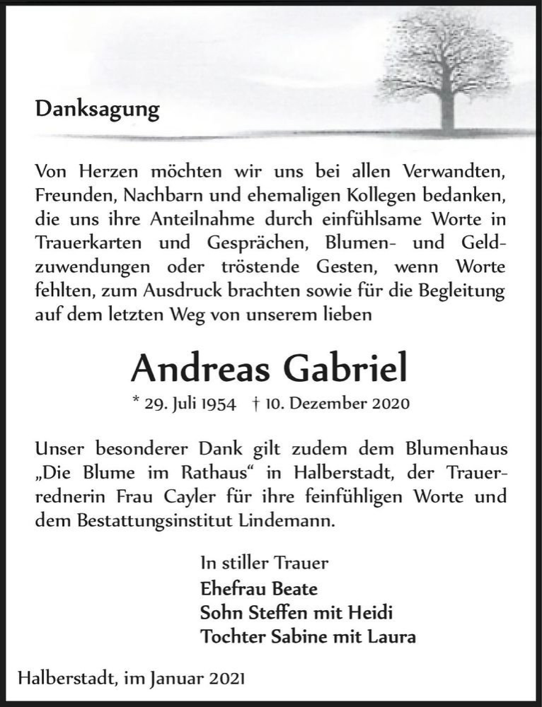  Traueranzeige für Andreas Gabriel  vom 09.01.2021 aus Magdeburger Volksstimme