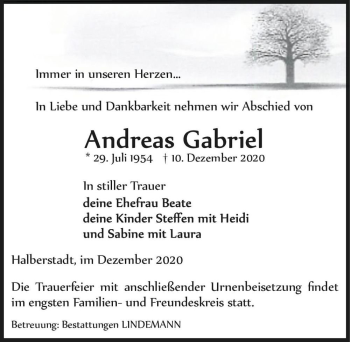 Traueranzeige von Andreas Gabriel  von Magdeburger Volksstimme