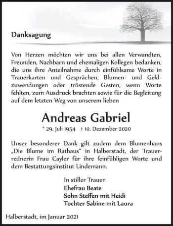 Traueranzeige von Andreas Gabriel  von Magdeburger Volksstimme