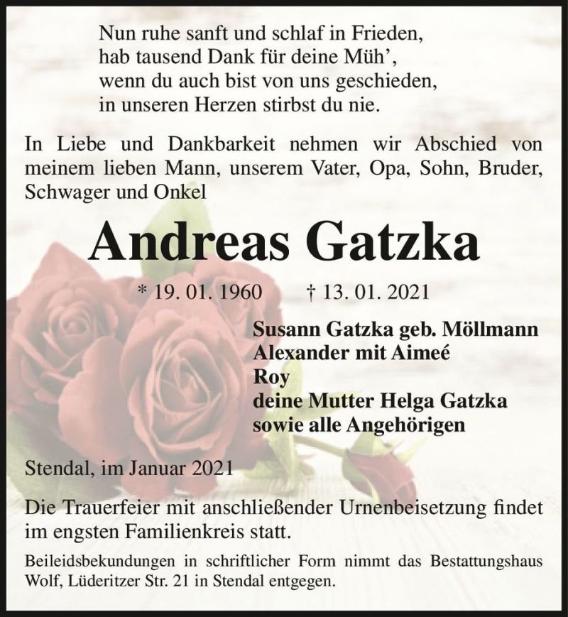  Traueranzeige für Andreas Gatzka  vom 16.01.2021 aus Magdeburger Volksstimme