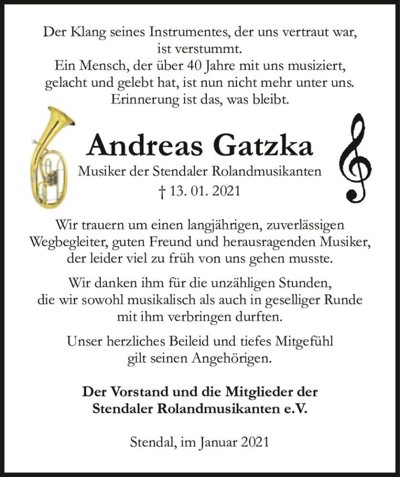  Traueranzeige für Andreas Gatzka  vom 23.01.2021 aus Magdeburger Volksstimme