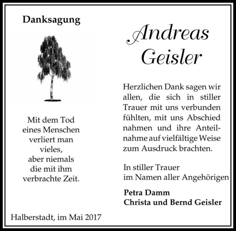  Traueranzeige für Andreas Geisler  vom 20.05.2017 aus Magdeburger Volksstimme