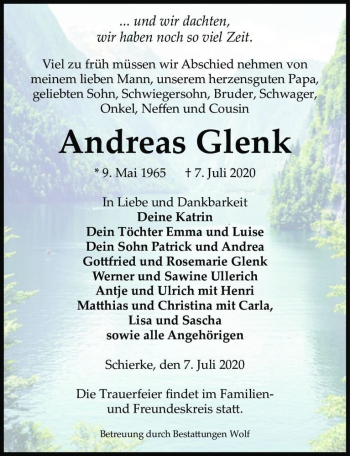 Traueranzeige von Andreas Glenk  von Magdeburger Volksstimme