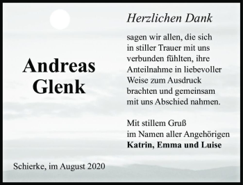 Traueranzeige von Andreas Glenk  von Magdeburger Volksstimme