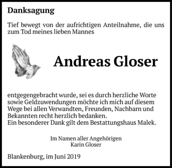 Traueranzeige von Andreas Gloser  von Magdeburger Volksstimme