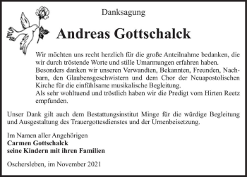 Traueranzeige von Andreas Gottschalck  von Magdeburger Volksstimme