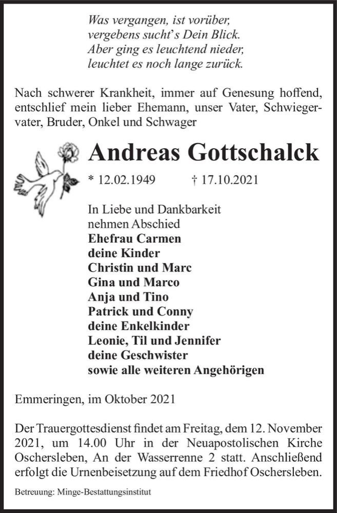  Traueranzeige für Andreas Gottschalck  vom 23.10.2021 aus Magdeburger Volksstimme