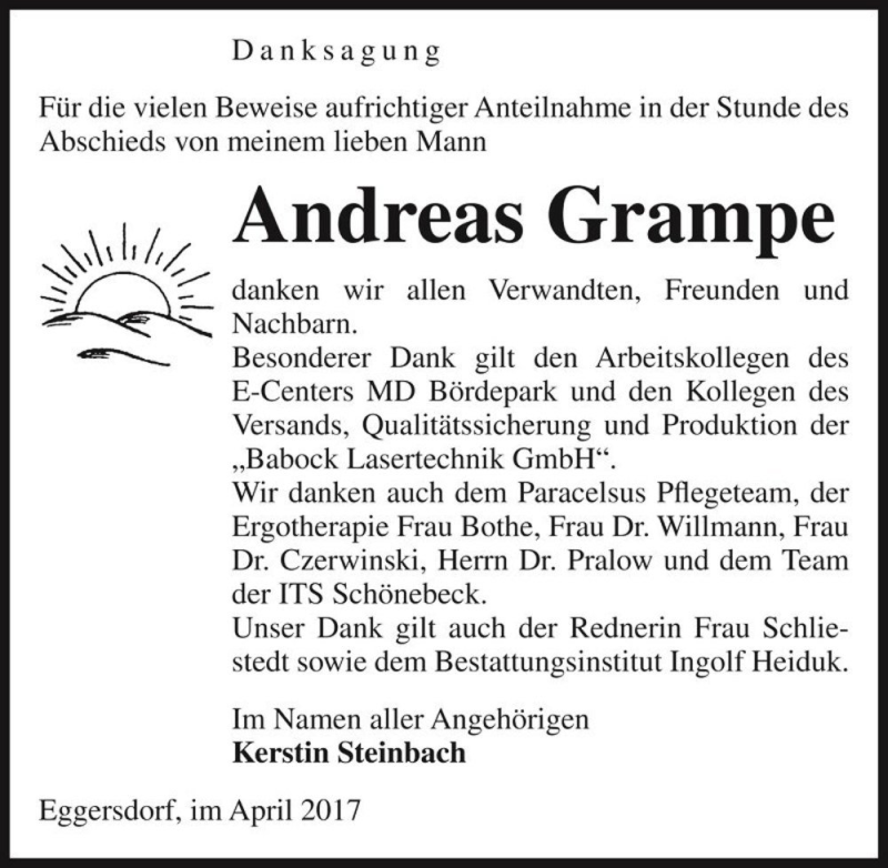  Traueranzeige für Andreas Grampe  vom 08.04.2017 aus Magdeburger Volksstimme