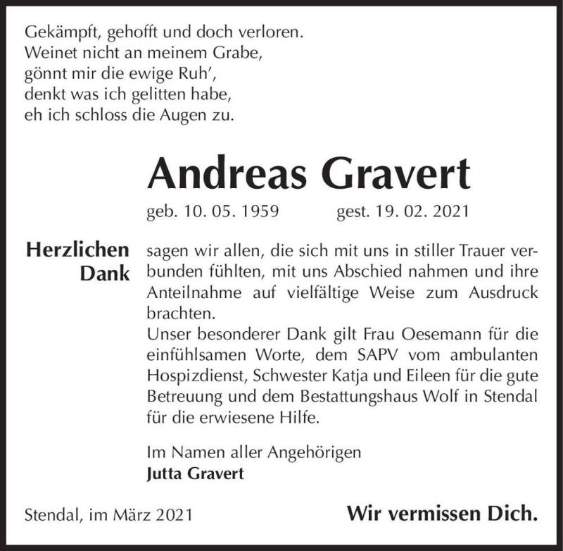  Traueranzeige für Andreas Gravert  vom 03.04.2021 aus Magdeburger Volksstimme