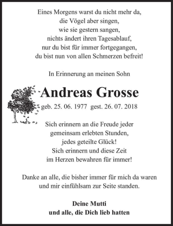 Traueranzeige von Andreas Grosse  von Magdeburger Volksstimme