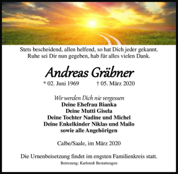 Traueranzeige von Andreas Gräbner  von Magdeburger Volksstimme
