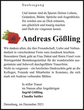 Traueranzeige von Andreas Gößling  von Magdeburger Volksstimme