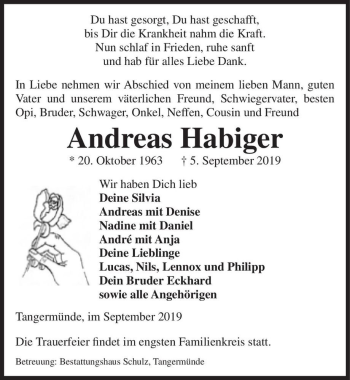 Traueranzeige von Andreas Habiger  von Magdeburger Volksstimme