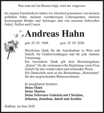 Traueranzeige von Andreas Hahn  von Magdeburger Volksstimme