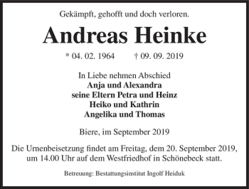 Traueranzeige von Andreas Heinke  von Magdeburger Volksstimme