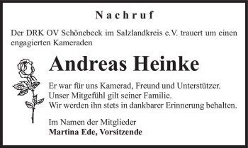 Traueranzeige von Andreas Heinke  von Magdeburger Volksstimme