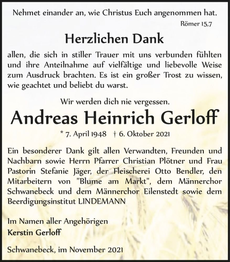 Traueranzeige für Andreas Heinrich Gerloff  vom 13.11.2021 aus Magdeburger Volksstimme