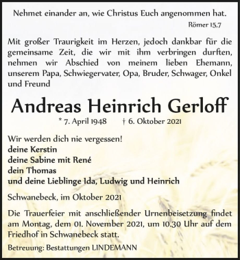 Traueranzeige von Andreas Heinrich Gerloff  von Magdeburger Volksstimme