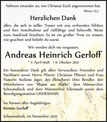 Traueranzeige von Andreas Heinrich Gerloff  von Magdeburger Volksstimme