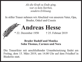 Traueranzeige von Andreas Hesse  von Magdeburger Volksstimme