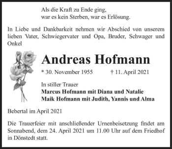 Traueranzeige von Andreas Hofmann  von Magdeburger Volksstimme