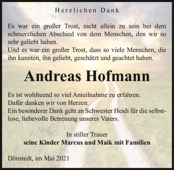Traueranzeige von Andreas Hofmann  von Magdeburger Volksstimme
